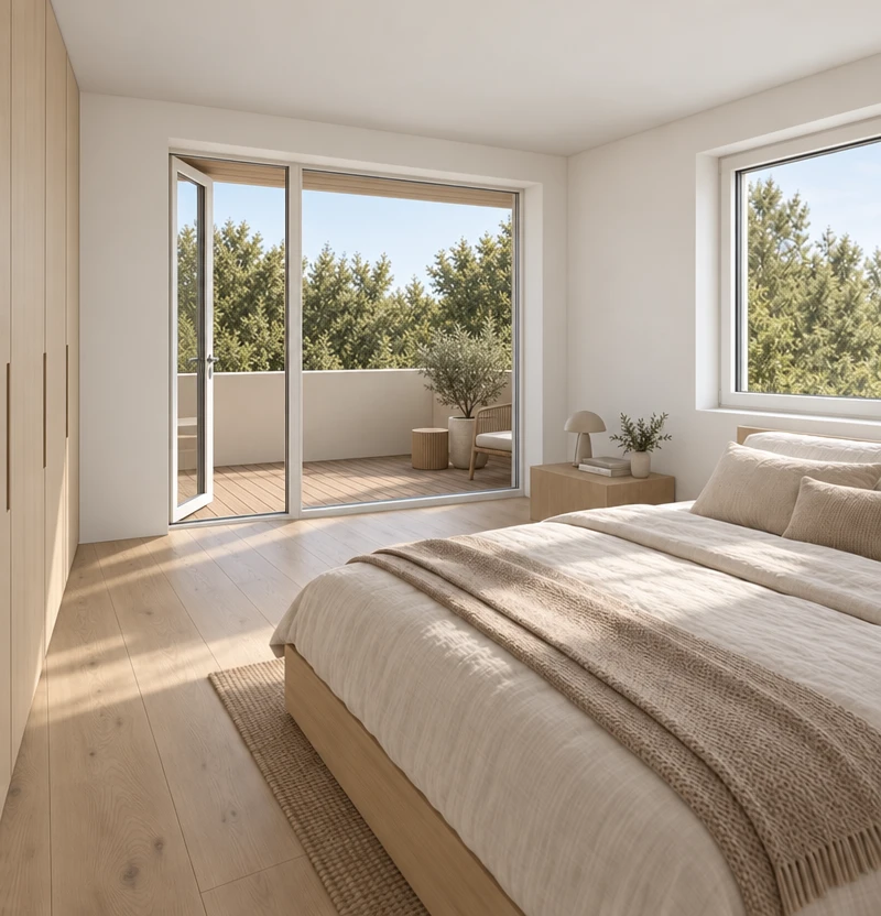 Ankommen 84, Elternschlafzimmer mit Zugang zum Balkon