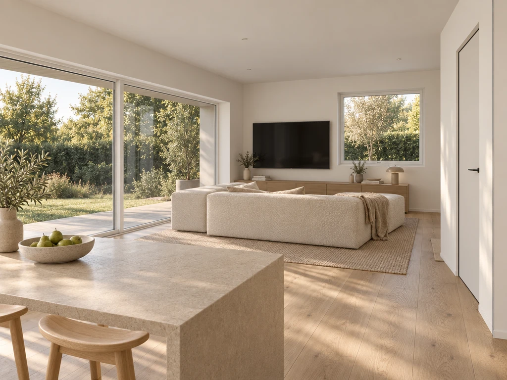 Ankommen 84, Wohnbereich mit bodentiefen Fenstern zur Terrasse
