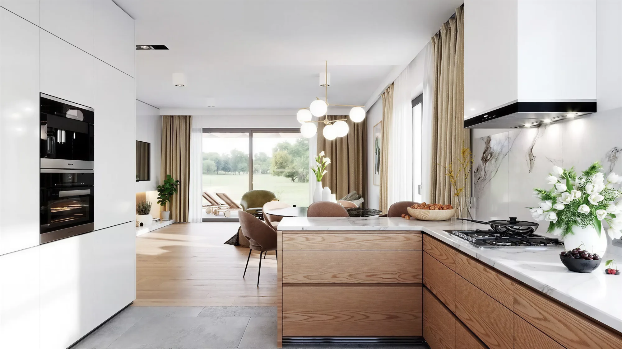 Einklang 128, offene Küche mit Holzfronten und Blick in den Wohnbereich