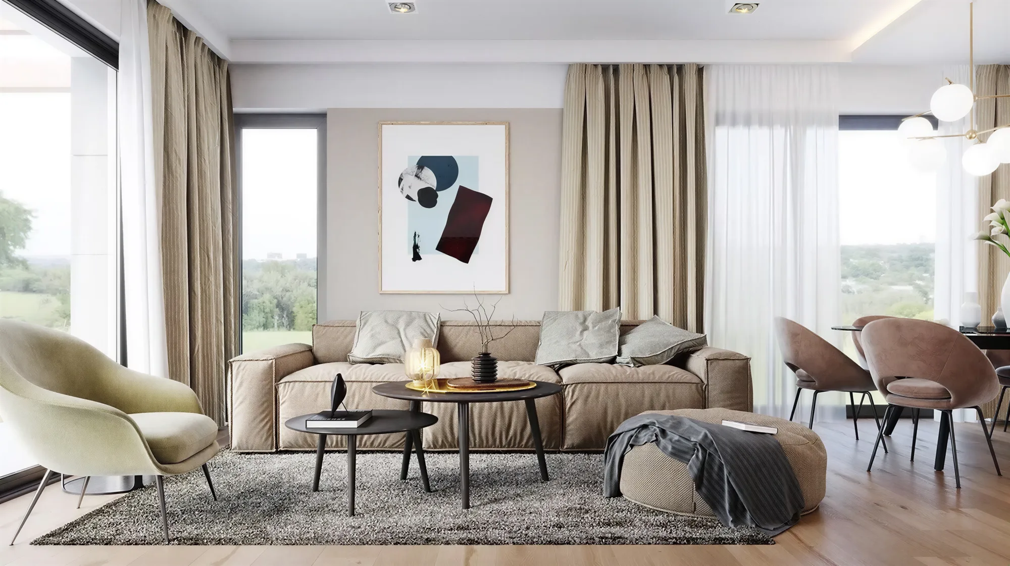 Einklang 128, Wohnbereich mit Sofa und bodentiefen Fenstern