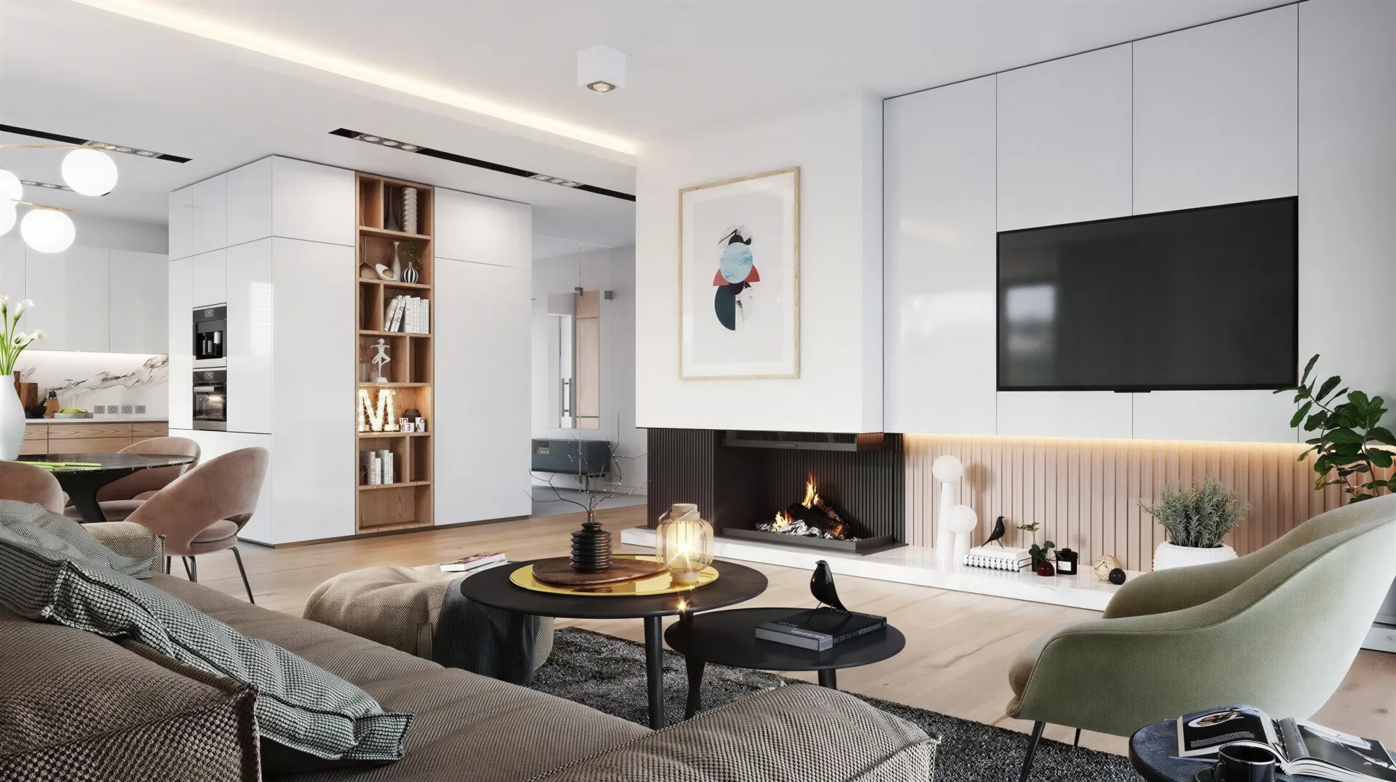 Einklang 128, Wohnzimmer mit Kamin und Einbauschränken