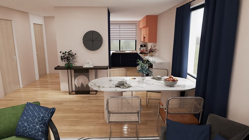 Raumgefühl 147, Essbereich mit ovalem Tisch und Blick in die Küche