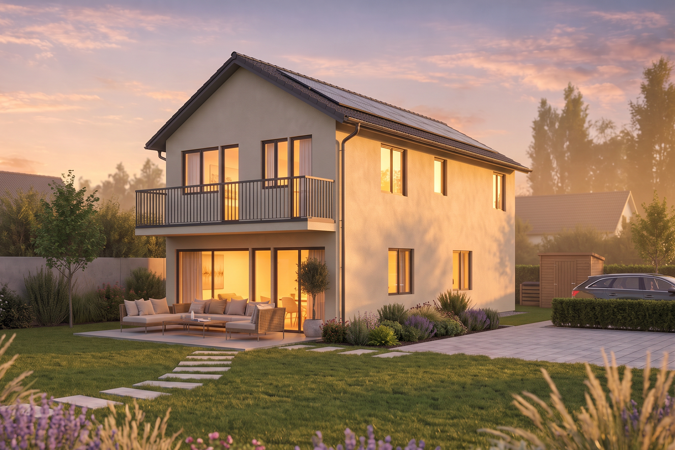 Einfamilienhaus Zuhause 122 in warmer Abendstimmung mit beleuchteten Fenstern