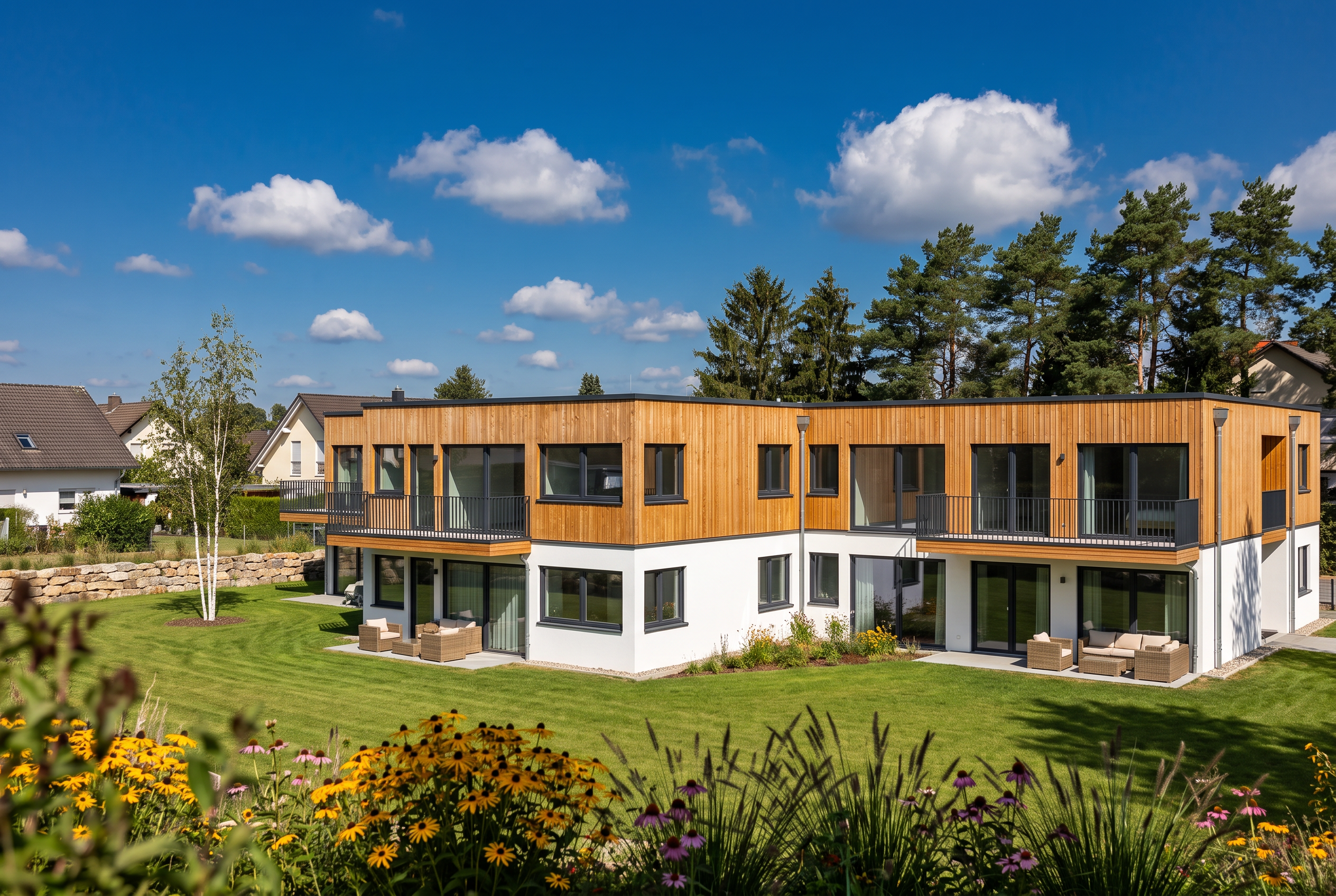 Visualisierung des Mehrfamilienhauses Quartier 6 mit weißem Sockel, Holzfassade, zwei Geschossen und Garten