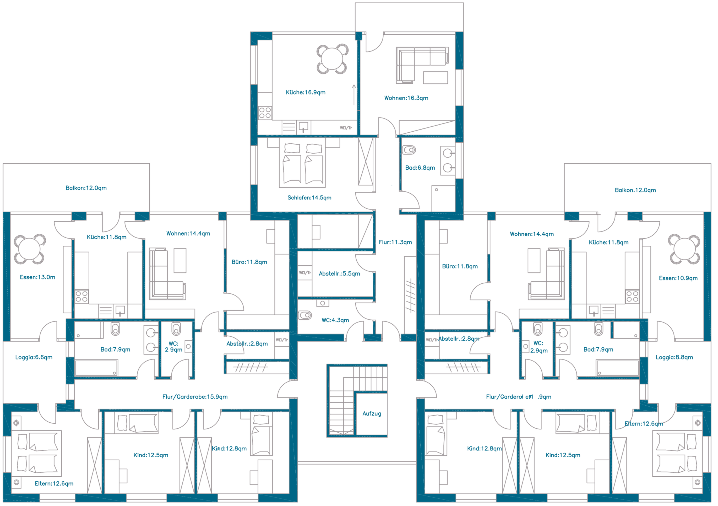 Grundriss Quartier 6, Obergeschoss (Wohnungen 4 bis 6)