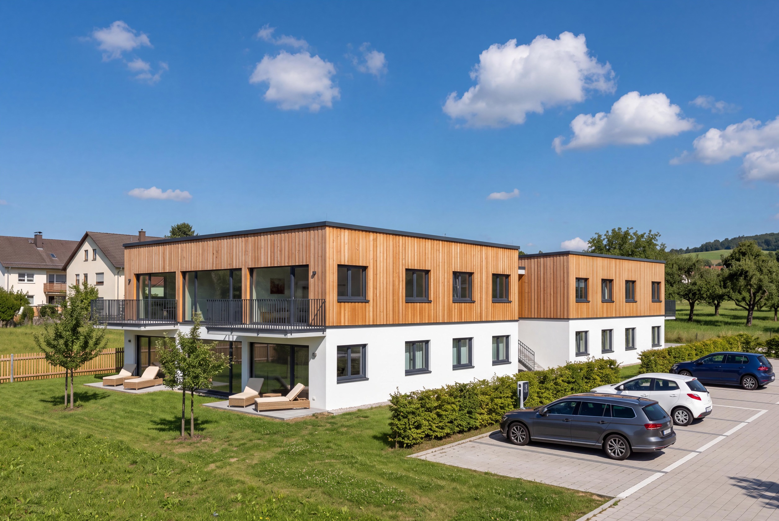 Mehrfamilienhaus Zusammen 8 mit weißem Sockel, Holzfassade und Stellplätzen