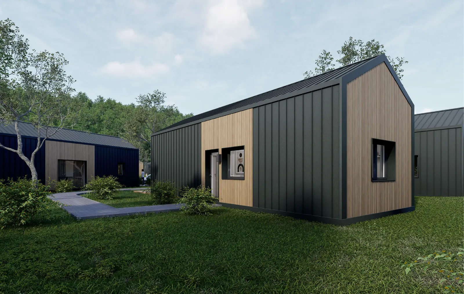 Visualisierung: Häuser der Ruheoase mit Holz- und Metallfassade an einem Gemeinschaftsweg