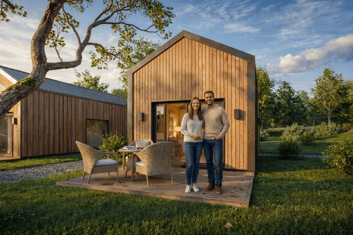 Visualisierung: Paar vor seinem Holzhaus mit Terrasse und Garten in der Ruheoase Alperstedt