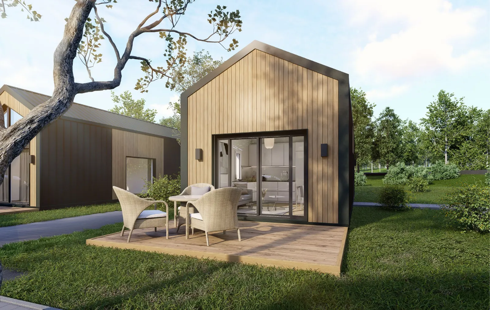 Visualisierung: Haus mit Holzfassade und Terrasse im Garten
