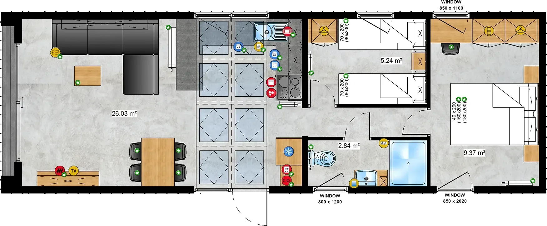 Beispiel-Grundriss mit Wohnküche (26 m²), zwei Schlafräumen und Duschbad