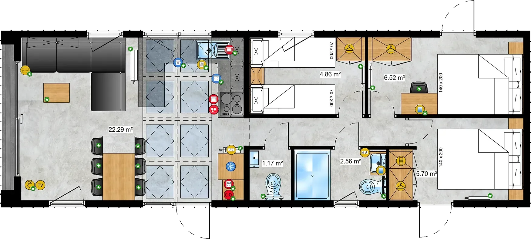 Beispiel-Grundriss mit Wohnküche (22 m²), drei Schlafräumen, Duschbad und separatem WC