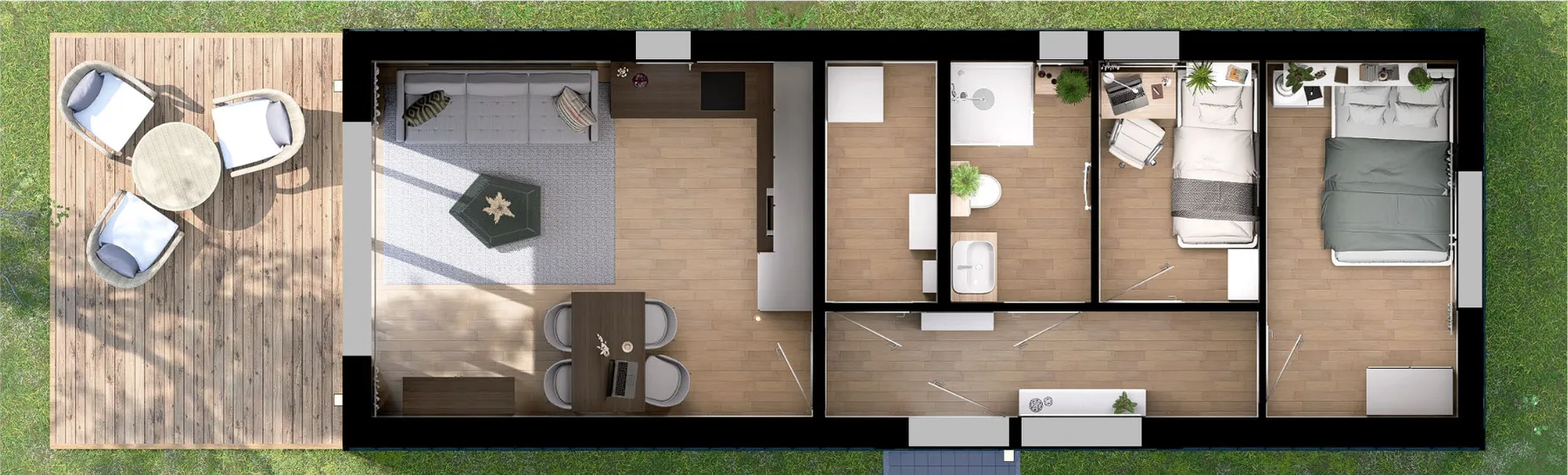 Grundriss als 3D-Draufsicht: Terrasse, Wohnen mit Küche, Bad, zwei Schlafräume und Flur