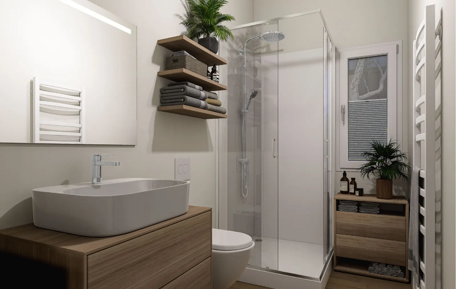 Visualisierung: Duschbad mit Waschtisch aus Holz