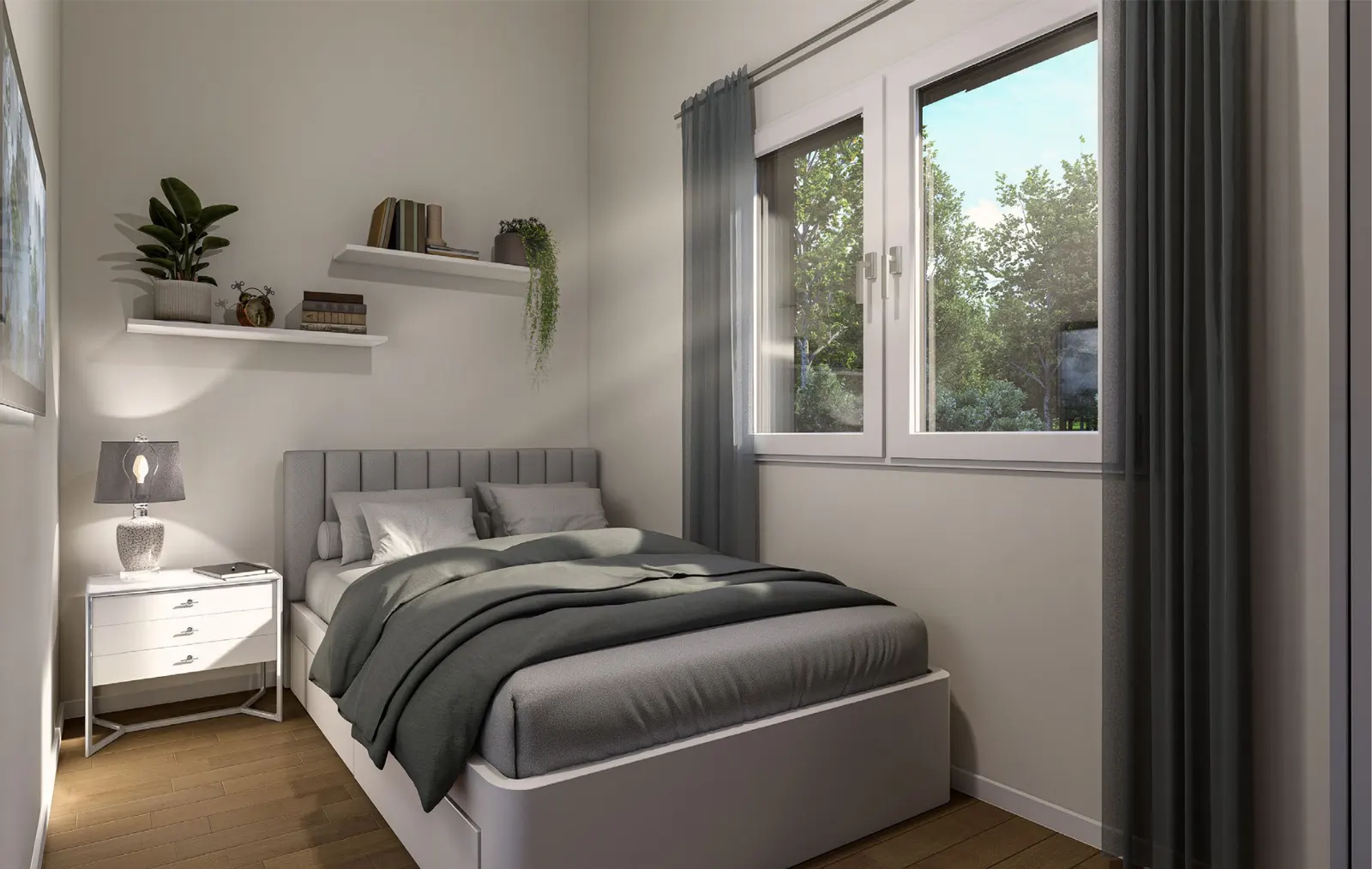 Visualisierung: Schlafzimmer mit Doppelbett und Fenster zum Garten