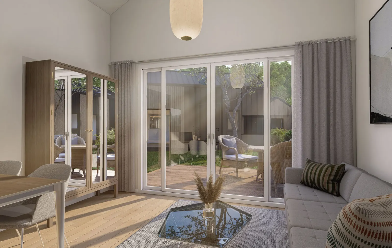 Visualisierung: Wohn- und Essbereich mit großer Fenstertür zur Terrasse