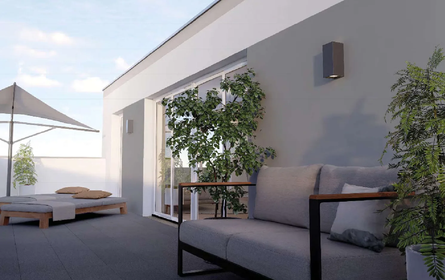 Visualisierung: Dachterrasse mit Lounge-Möbeln und Sonnensegel