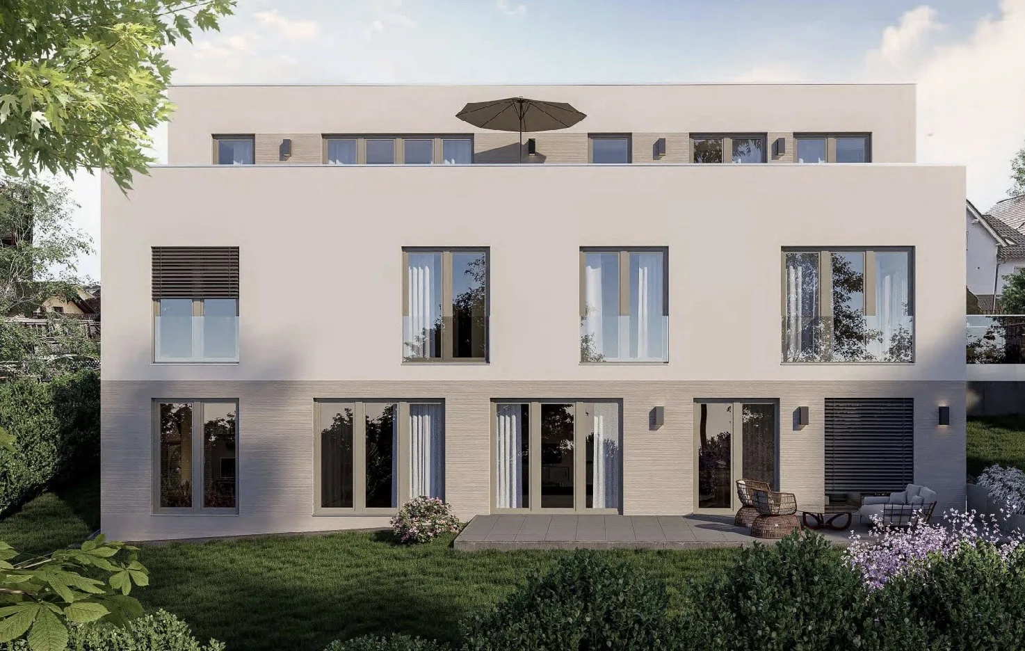 Visualisierung: Gartenseite des Hauses am Werdauer Weg mit Terrasse und Dachterrasse