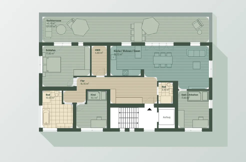 Grundriss der 4-Raum-Wohnung im Dachgeschoss mit Dachterrasse