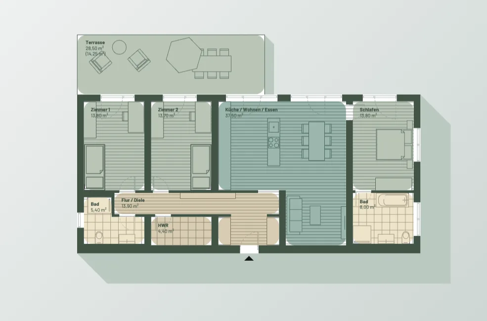 Grundriss der 3-Raum-Wohnung im Gartengeschoss
