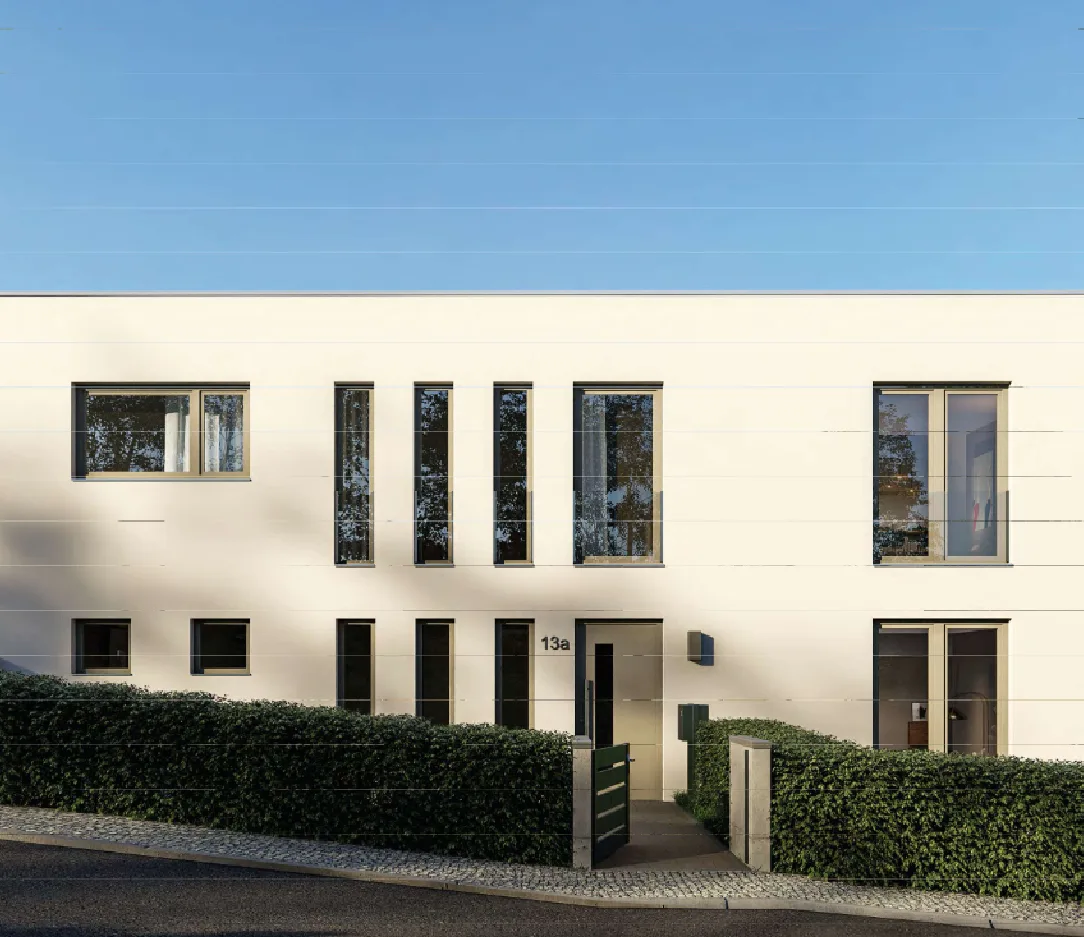 Visualisierung: Straßenseite mit Eingang und Hecke