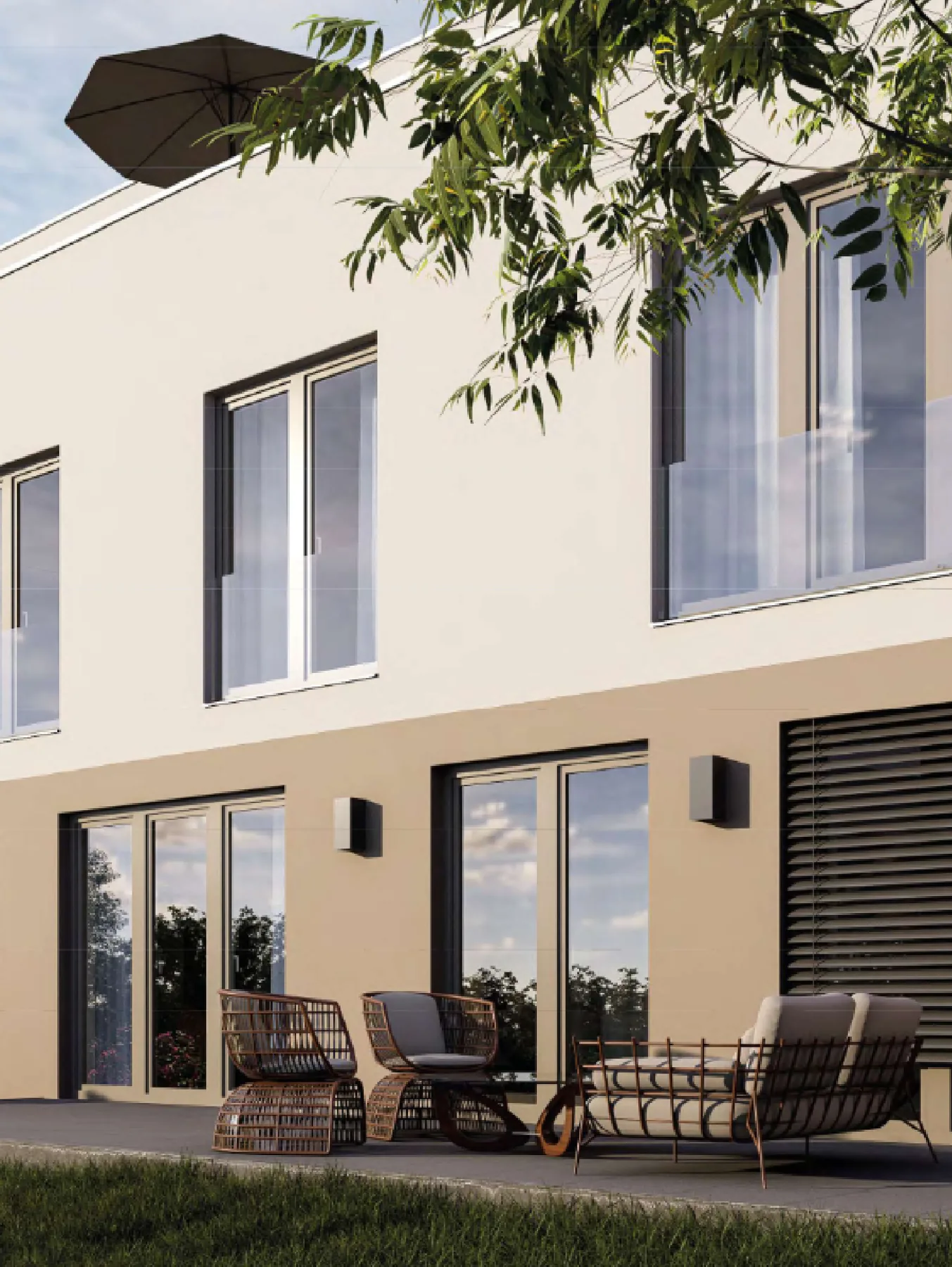 Visualisierung: Terrasse im Gartengeschoss mit Rattanmöbeln