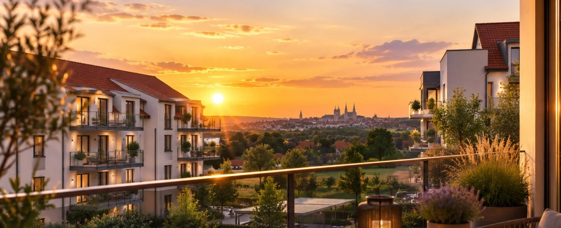Visualisierung: Balkon im Abendlicht mit Blick über Erfurt