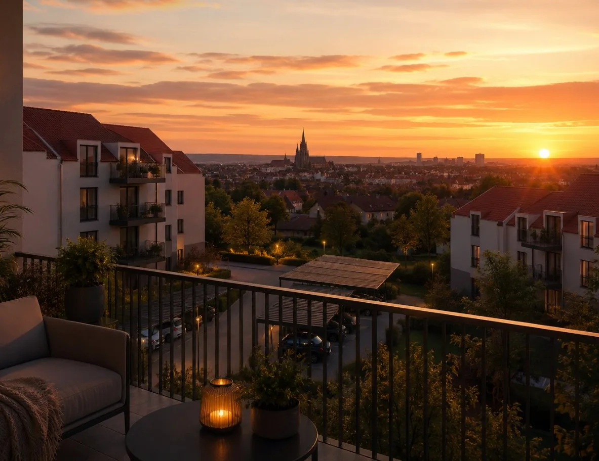 Visualisierung: Blick vom Balkon auf den Erfurter Dom bei Sonnenuntergang