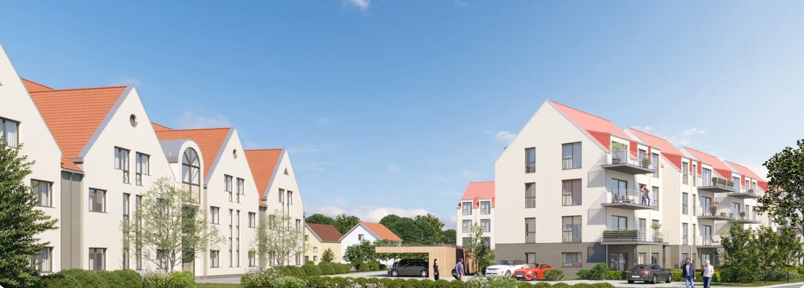 Visualisierung: die Häuser mit roten Satteldächern von der Straße aus