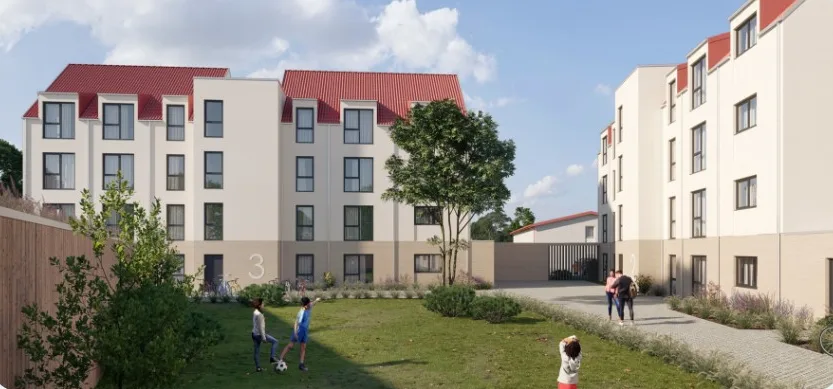 Visualisierung: begrünter Innenhof zwischen den Häusern