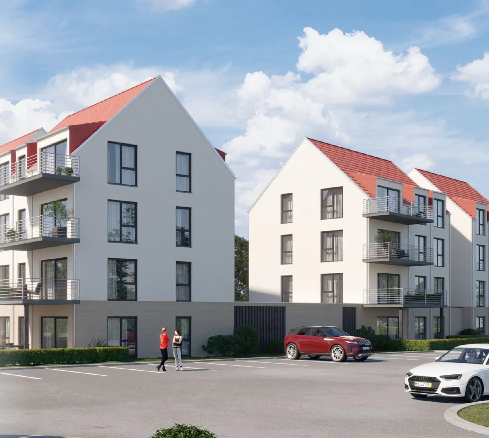Visualisierung: zwei der drei Mehrfamilienhäuser im Wohnquartier Abendrot mit Satteldach und Balkonen
